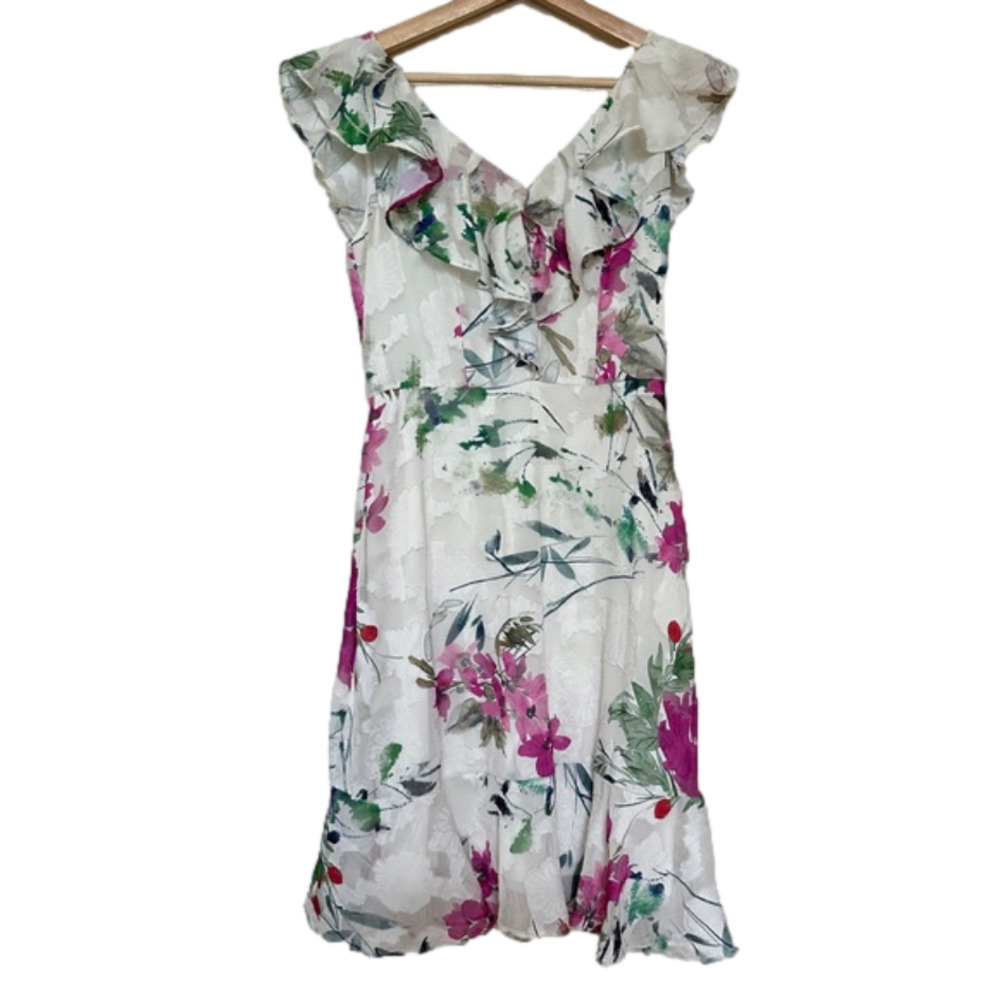 DKNY White Floral Mesh Mini Vneck Ruffle Dress Womens Spring Summer Flare Skater